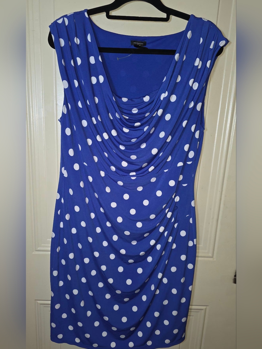 Ann Taylor Royal Blue & White Polka Dot Cowl Neck Midi Dress - Picture 4 of 9